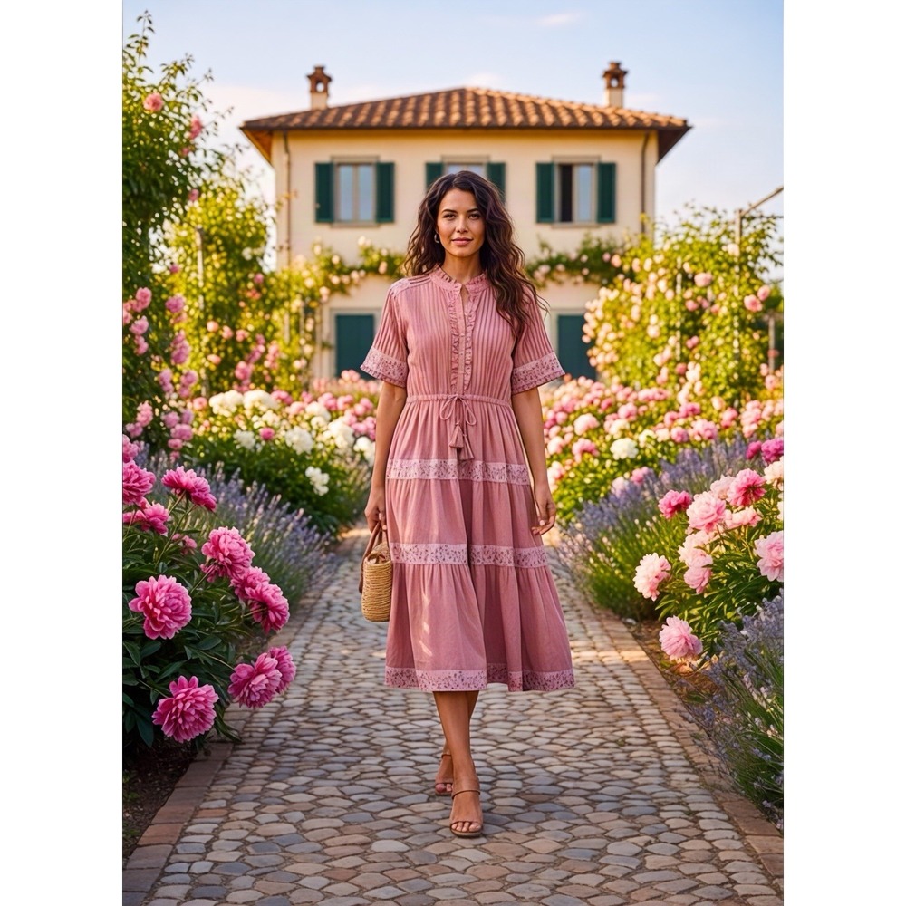 Ivy City Co Aurora Dress 1X Warm Pink Cotton Tiered Cottagecore Floral Midi